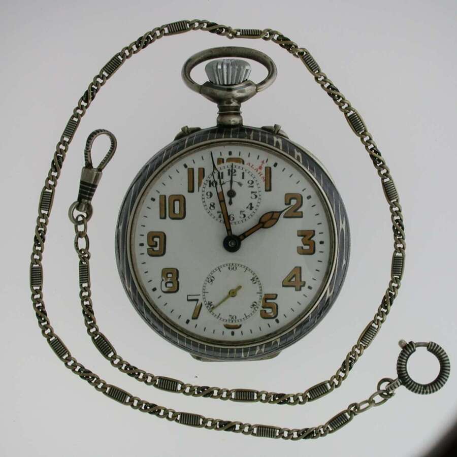 Vacheron %26 Constantin Silver 0.900 Niello Pocket Watch with Alarm in Original Box and Niello Chain Swiss 1920