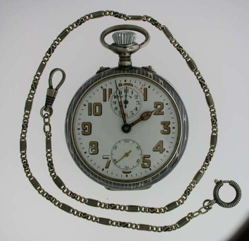 Vacheron %26 Constantin Silver 0.900 Niello Pocket Watch with Alarm in Original Box and Niello Chain Swiss 1920