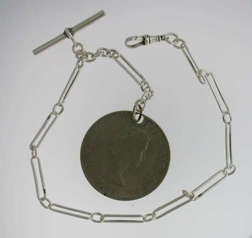 Silver Churchill T-Bar Victorian Pocket Watch Chain 1940 with Coin (61)