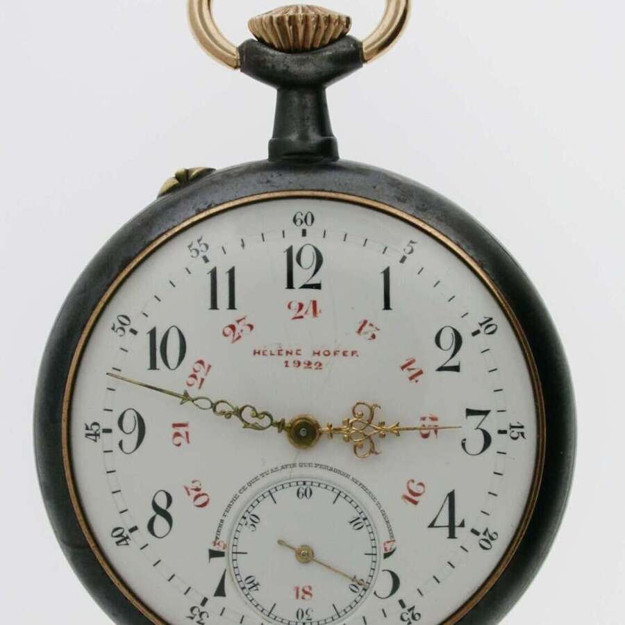 Gunmetal Helene Hofer Open Face Pocket Watch Swiss 1922