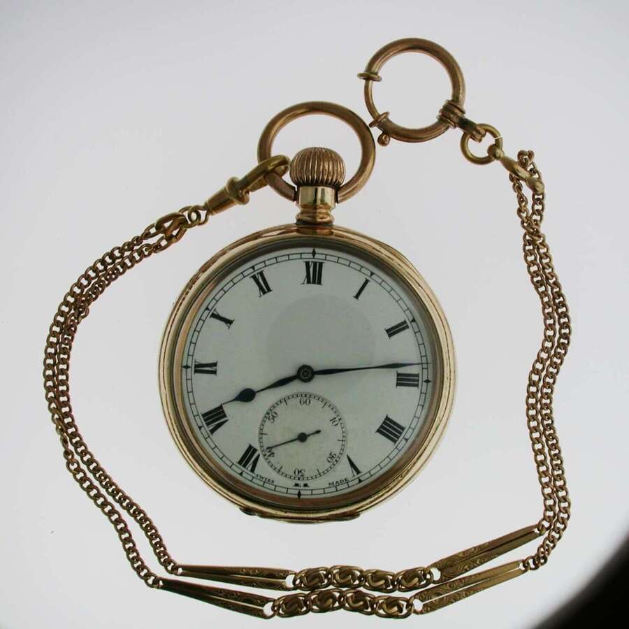 Gold Filled Open Face Pocket Watch with Gold Filled Chain Swiss 1940