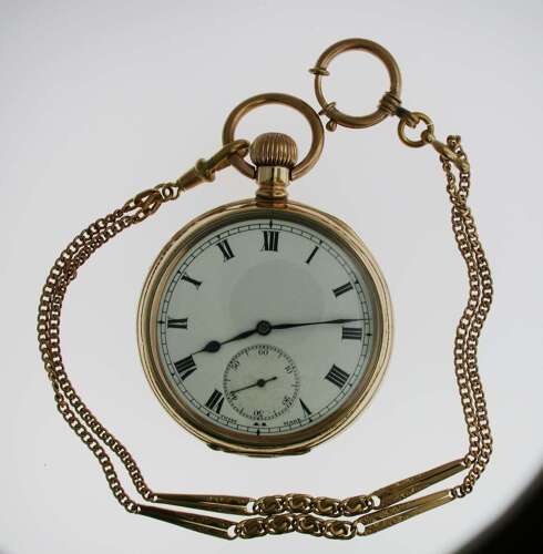 Gold Filled Open Face Pocket Watch with Gold Filled Chain Swiss 1940