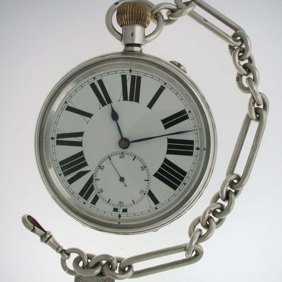 Mint Rare Large Goliath Gent's Solid Silver 0.935  Pocket Watch 'the Atlas Watch' 1910  with Silver Chain