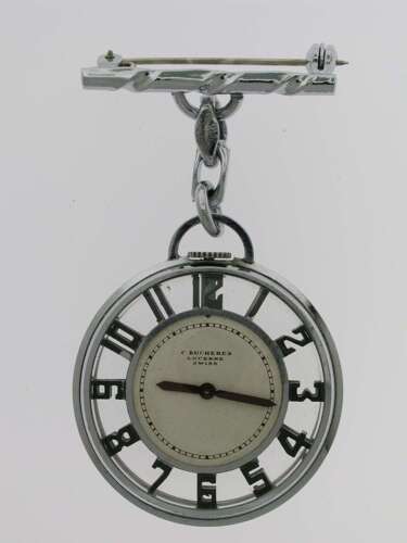 Bucherer Skeleton Art Deco Pocket Watch  with Art Deco Brooch Swiss 1930