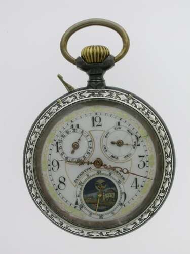 Full Calendar Silver %26 Gunmetal Open Face Pocket Watch Swiss 1920
