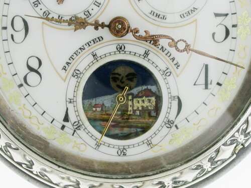 Full Calendar Silver %26 Gunmetal Open Face Pocket Watch Swiss 1920