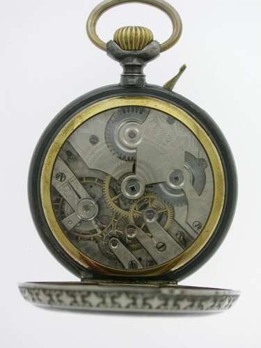 Full Calendar Silver %26 Gunmetal Open Face Pocket Watch Swiss 1920