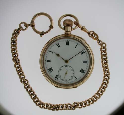 Gold Filled Open Face Pocket Watch with Gold Filled Chain Swiss 1925 Ald Case