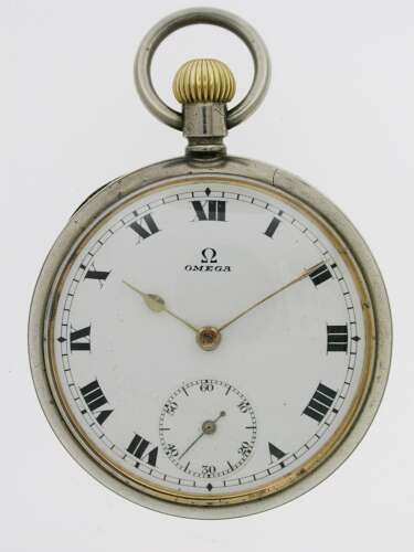 Omega Steel Open Face  Pocket Watch Swiss 1920