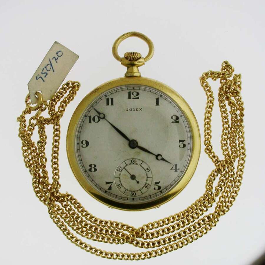 Judex Art Deco Gold Filled Open Face Pocket Watch with Chain Swiss 1925