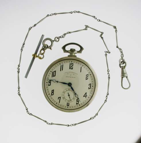 Juvenia Art Deco Nickel Plated Open Face Pocket Watch with Chain Swiss 1925