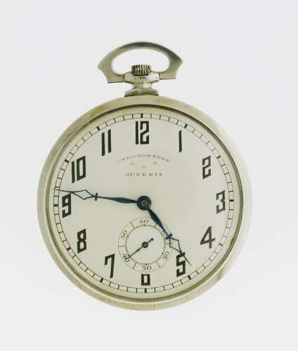 Juvenia Art Deco Nickel Plated Open Face Pocket Watch with Chain Swiss 1925