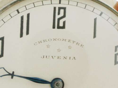Juvenia Art Deco Nickel Plated Open Face Pocket Watch with Chain Swiss 1925