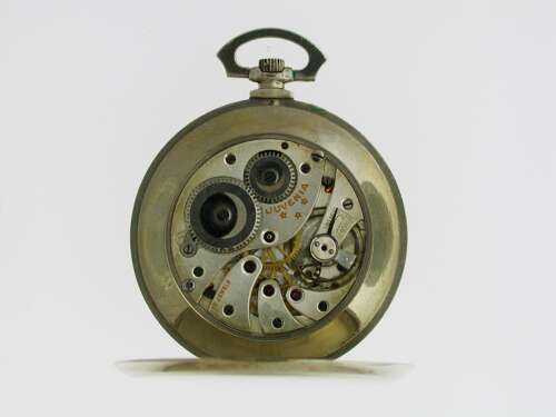 Juvenia Art Deco Nickel Plated Open Face Pocket Watch with Chain Swiss 1925