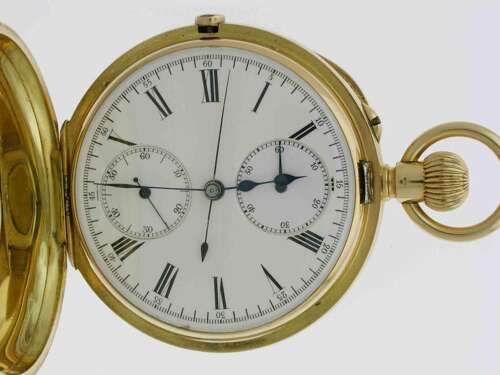 J.W. Benson 18kt Yellow Gold Half Hunter Chronograph Pocket Watch