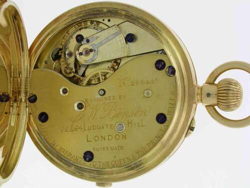 J.W. Benson 18kt Yellow Gold Half Hunter Chronograph Pocket Watch