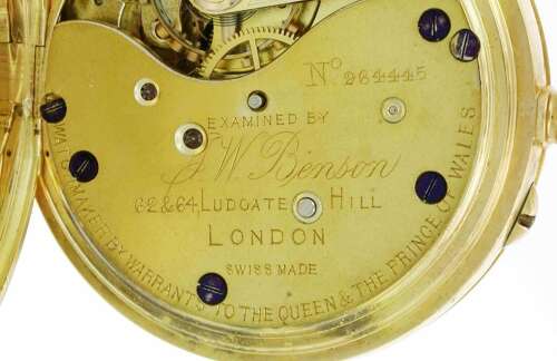 J.W. Benson 18kt Yellow Gold Half Hunter Chronograph Pocket Watch