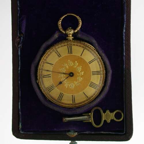 18Kt Yellow Gold Ladies Open Face Pocket Watch in Box Swiss 1900