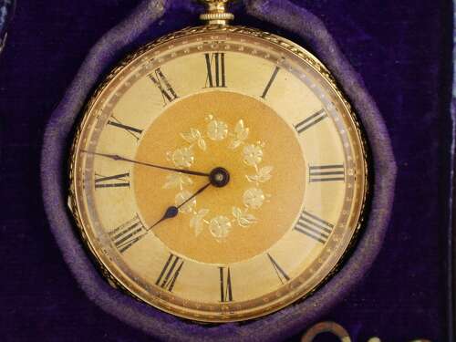 18Kt Yellow Gold Ladies Open Face Pocket Watch in Box Swiss 1900