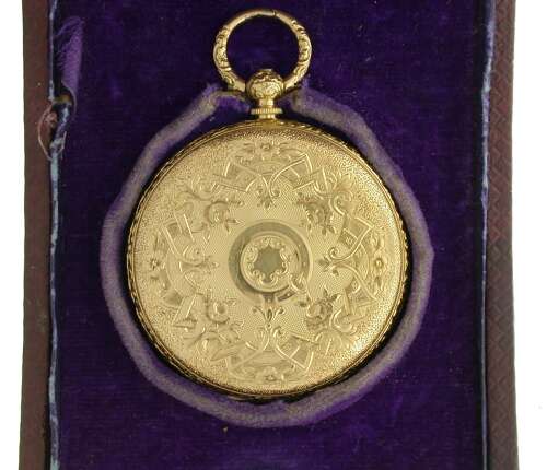 18Kt Yellow Gold Ladies Open Face Pocket Watch in Box Swiss 1900