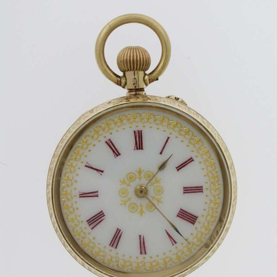 1Kt Gold Red Numerals Open Face Pretty Dial Pocket Watch Swiss 1900