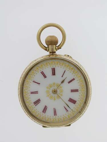 1Kt Gold Red Numerals Open Face Pretty Dial Pocket Watch Swiss 1900