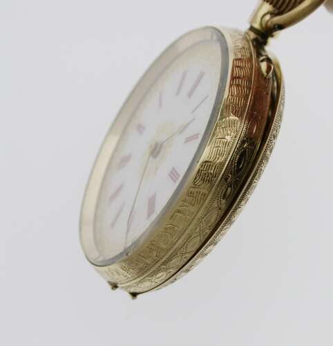 1Kt Gold Red Numerals Open Face Pretty Dial Pocket Watch Swiss 1900