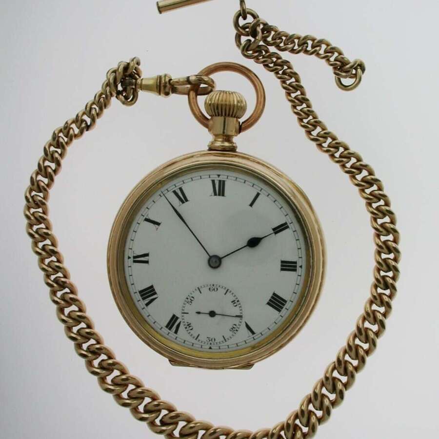 Gold-filled Open Face Pocket Watch  with Gold Filled Chain Swiss 1930