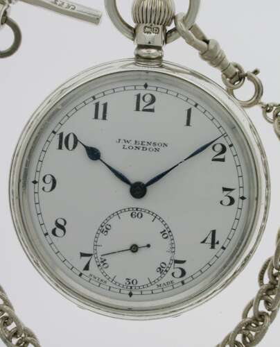 J.W. Benson Silver Open Face Pocket Watch Birmingham 1928