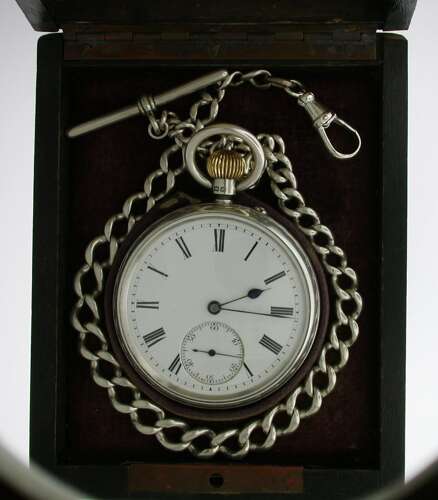 Antique Silver Pocket Watch with Silver Chain  in Wooden Mahogany Box – Birmingham 1902