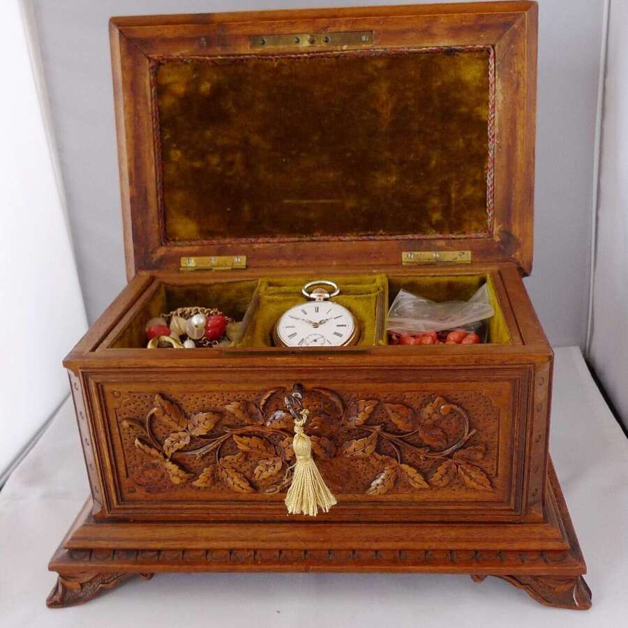Antique Black Forest Jewellery Box with Custom Jewellery %26 Silver Pocket Watch - Germany 1920