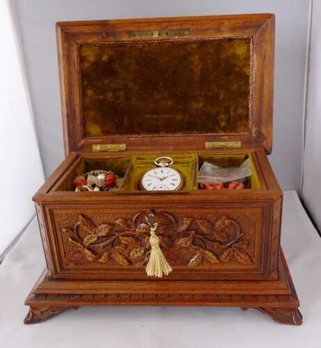 Antique Black Forest Jewellery Box with Custom Jewellery %26 Silver Pocket Watch - Germany 1920