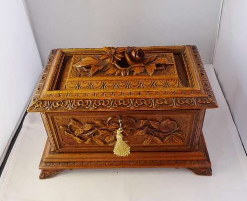 Antique Black Forest Jewellery Box with Custom Jewellery %26 Silver Pocket Watch - Germany 1920