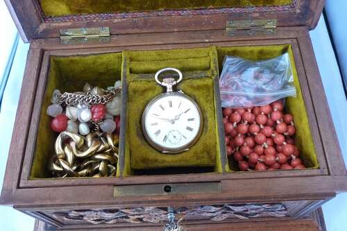 Antique Black Forest Jewellery Box with Custom Jewellery %26 Silver Pocket Watch - Germany 1920