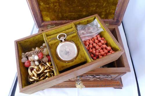 Antique Black Forest Jewellery Box with Custom Jewellery %26 Silver Pocket Watch - Germany 1920