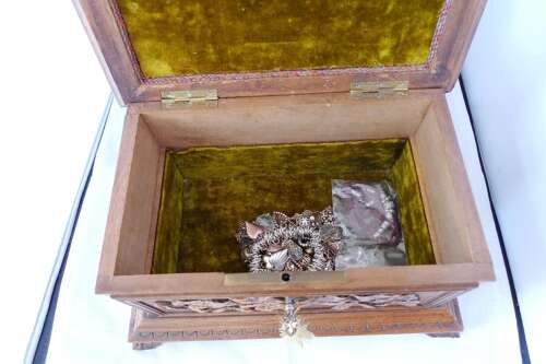 Antique Black Forest Jewellery Box with Custom Jewellery %26 Silver Pocket Watch - Germany 1920