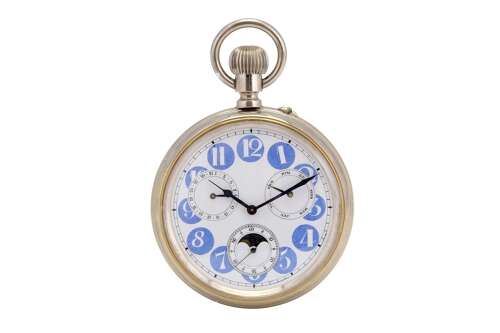 Antique Rare Goliath Open Face Pocket Watch with Double Calendar, Moonphase %26 Genuine Box