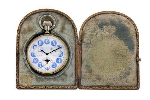 Antique Rare Goliath Open Face Pocket Watch with Double Calendar, Moonphase %26 Genuine Box