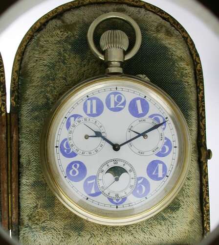 Antique Rare Goliath Open Face Pocket Watch with Double Calendar, Moonphase %26 Genuine Box