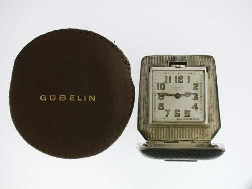 Antique Gubelin Silver 0.935 Eterna Travelling Clock in Original Pouch Swiss 1920