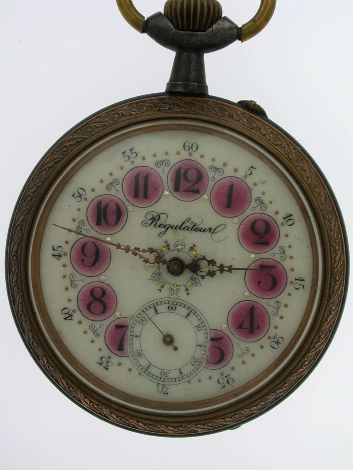 Antique Decorative Desk Accessory Gunmetal Large Goliath Regulateur Open Face Pocket Watch  on Mahogany Watch Stand for Interior Design - Swiss 1920