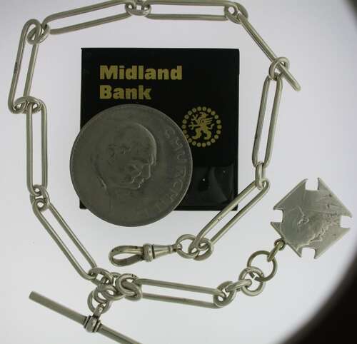 Rare Silver Churchill Pocket Watch Figaro Link Chain - English 1940