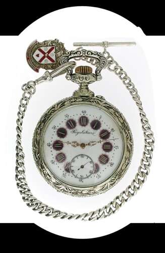 Doxa Goliath Embossed Steel Open Face Pocket Watch with Scene of Fishing / Hunting - Swiss