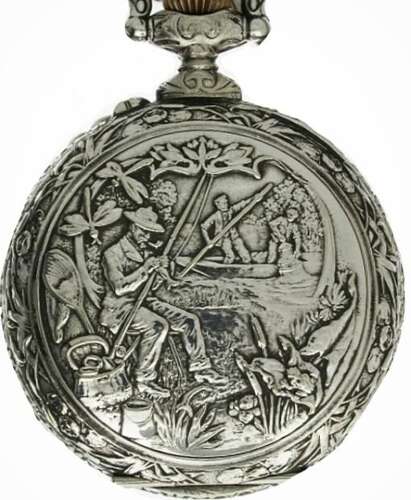 Doxa Goliath Embossed Steel Open Face Pocket Watch with Scene of Fishing / Hunting - Swiss