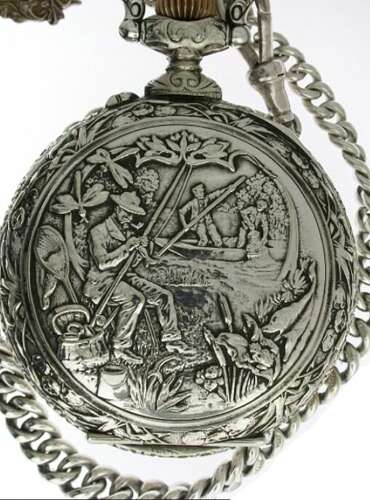 Doxa Goliath Embossed Steel Open Face Pocket Watch with Scene of Fishing / Hunting - Swiss