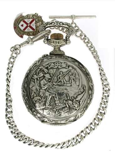 Doxa Goliath Embossed Steel Open Face Pocket Watch with Scene of Fishing / Hunting - Swiss