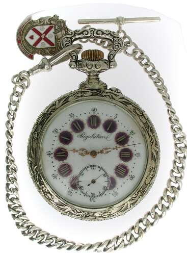 Doxa Goliath Embossed Steel Open Face Pocket Watch with Scene of Fishing / Hunting - Swiss