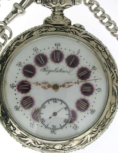 Doxa Goliath Embossed Steel Open Face Pocket Watch with Scene of Fishing / Hunting - Swiss