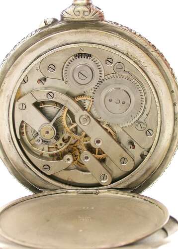 Doxa Goliath Embossed Steel Open Face Pocket Watch with Scene of Fishing / Hunting - Swiss