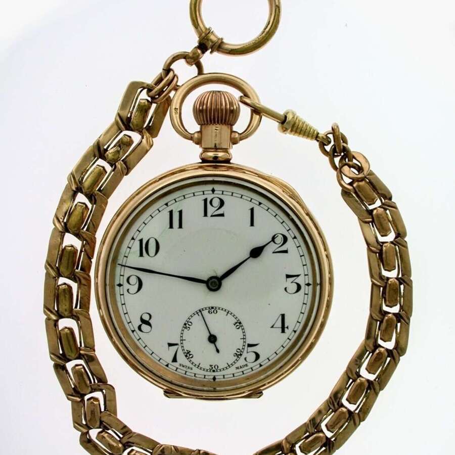 Antique Gold-filled Open Face Pocket Watch  with Gold Filled Chain, Swiss 1920